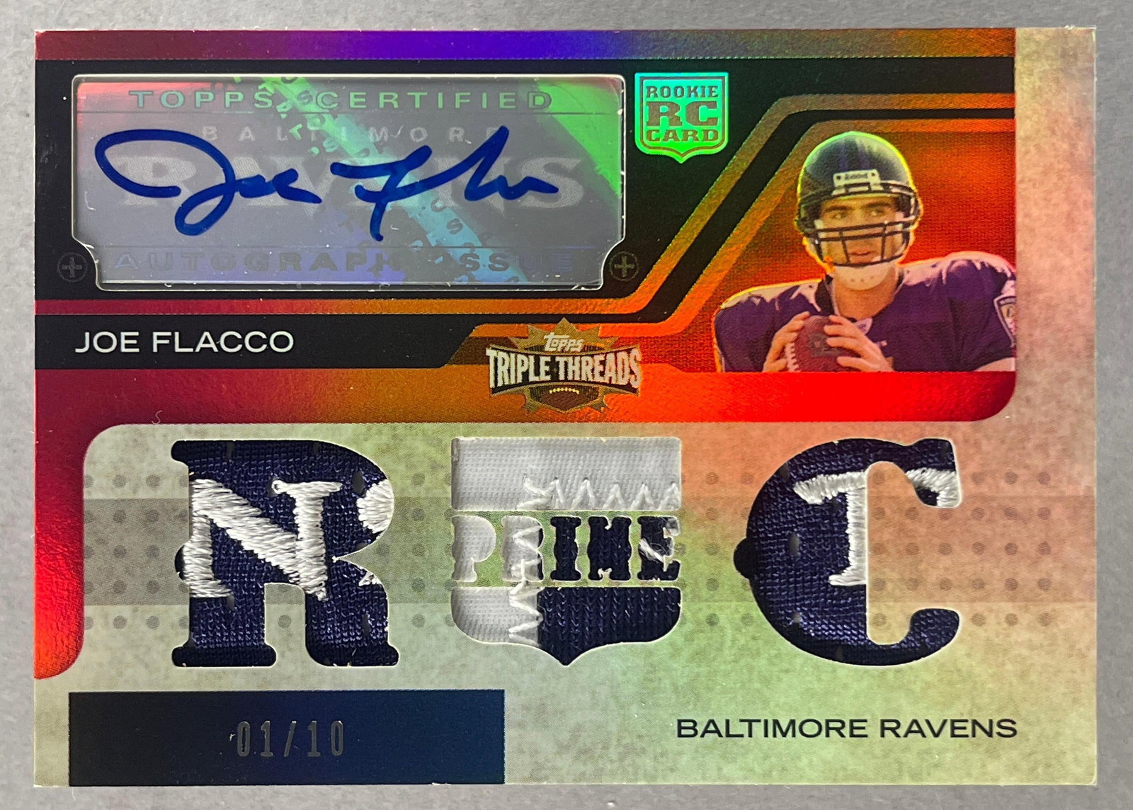 2008 Topps Triple Threads Rookie Patch Auto Joe Flacco #104, 1/10: 2008 Topps Triple Threads Rookie Patch Auto Joe Flacco #104, 1/10