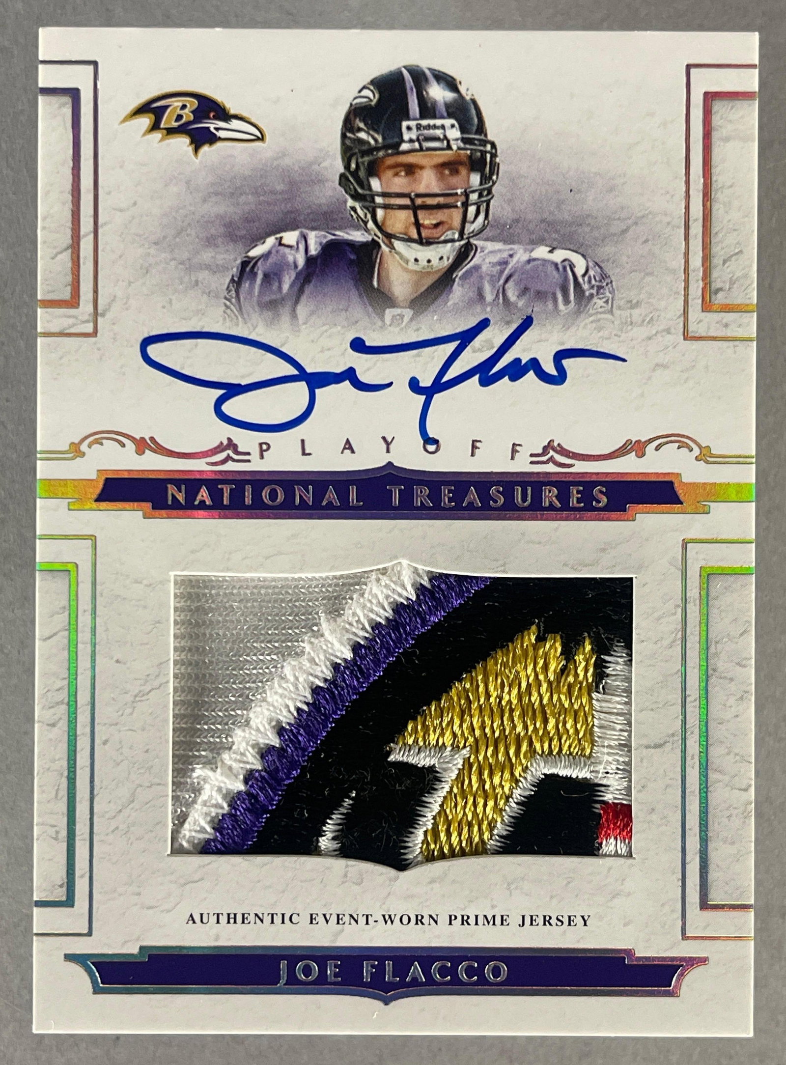 2008 National Treasures Rookie Patch Auto Joe Flacco 4/99: Cool patch with part of the Ravens Logo, Joe Flacco 4/99
