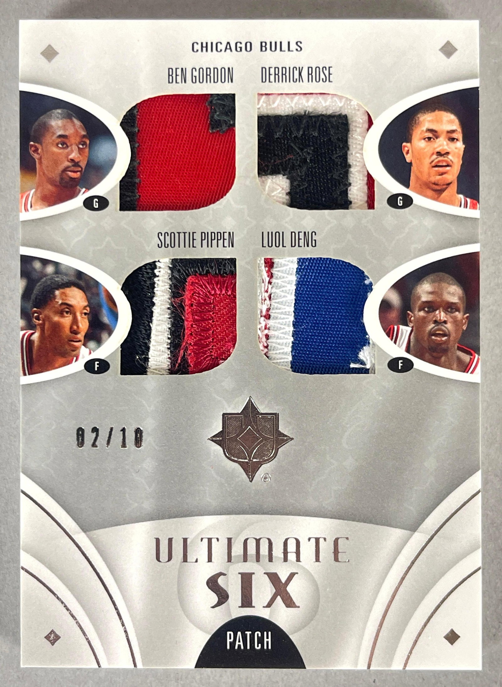 2008 Ultimate Collection Ultimate Six Chicago Bulls Patch Card 2/10: Ben Gordan, Derrick Rose, Scottie Pippen, Luol Deng, Tyrus Thomas and Dennis Rodman #US-Bull