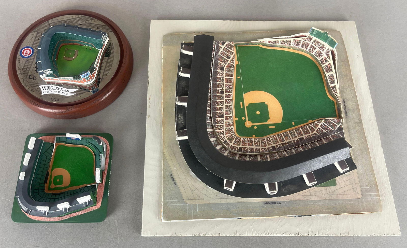 3 - Chicago Cubs Wrigley Field Replicas with Signature: 1 - Paper model, 1 - Clay model, 1 - Hawthorne model with COA and Signature
