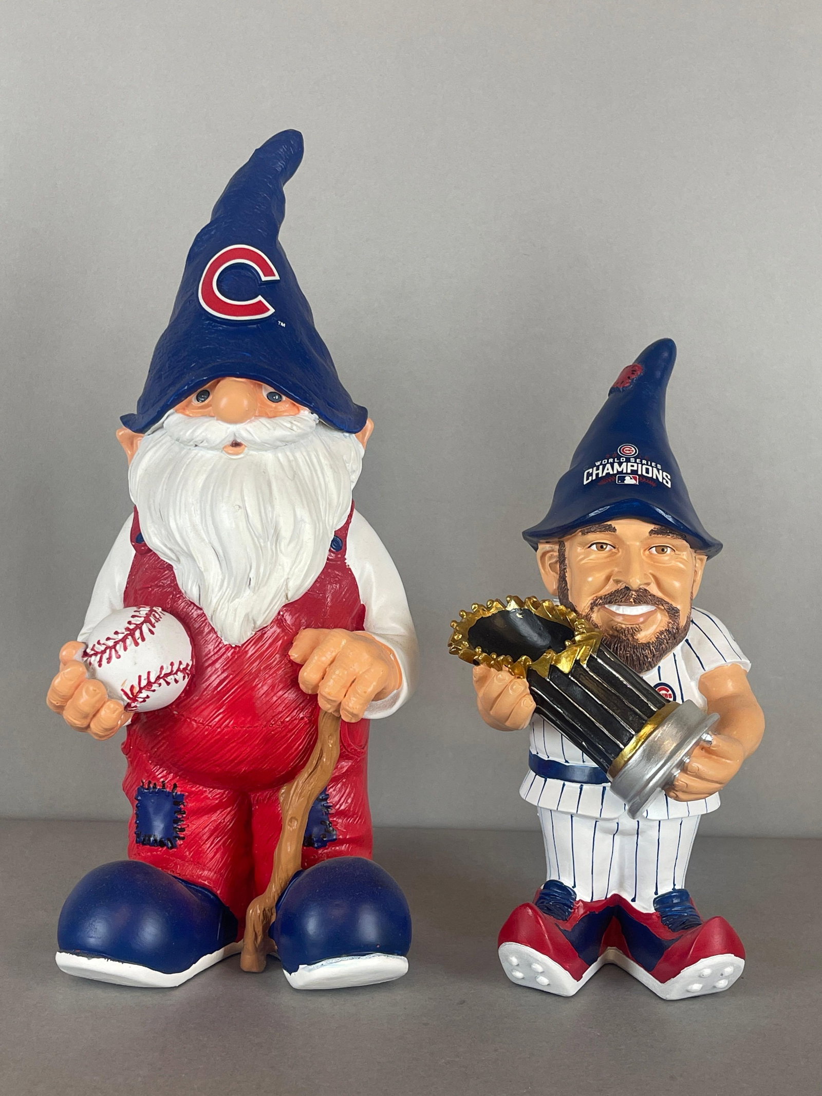 2 - Forever Collectable 2009 - 2016 Chicago Cubs Gnomes: 2009 Stick and Ball 11 Inches tall, 2016 World Series 8 1/2 Inches