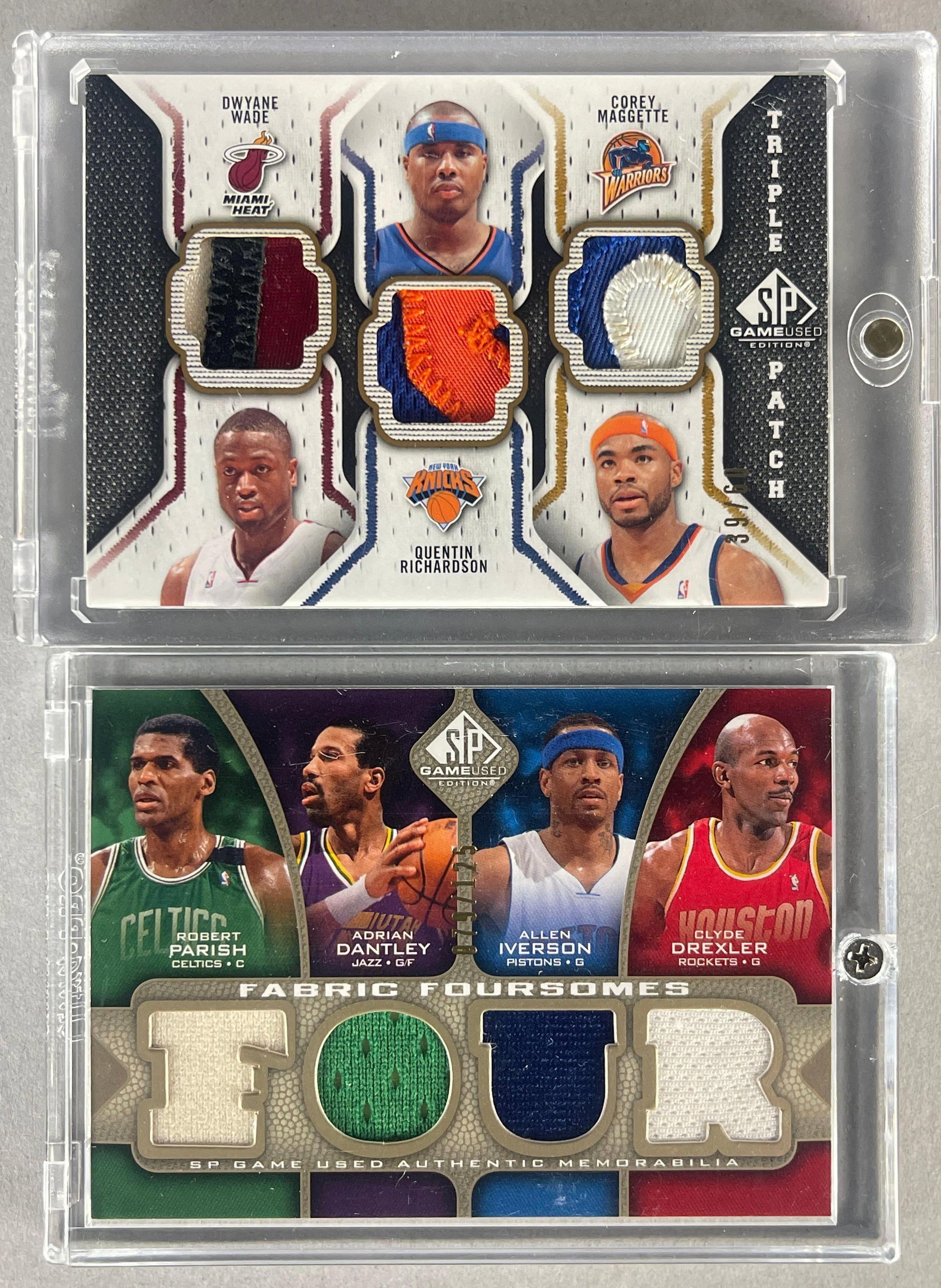 2009 SP Game Used Triple Patch and Fabric Foursome Relic Cards: Triple Patch Dwyane Wade, Quentin Richardson, and Corey Maggette 39/60, Fabric Foursome Robert Parish, Adrian Dantley, Allen Iverson, and Clyde Drexler 79/125