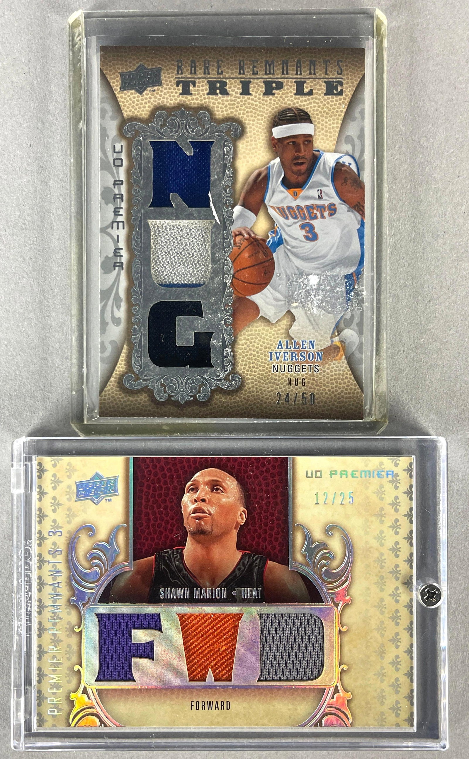 2008 UD Premier Rare Remnants Triple Allen Iverson 24/50 and Shawn Marion 12/25: Rare Remnants Allen Iverson 24/50, Premier Remnants Shawn Marion 12/25