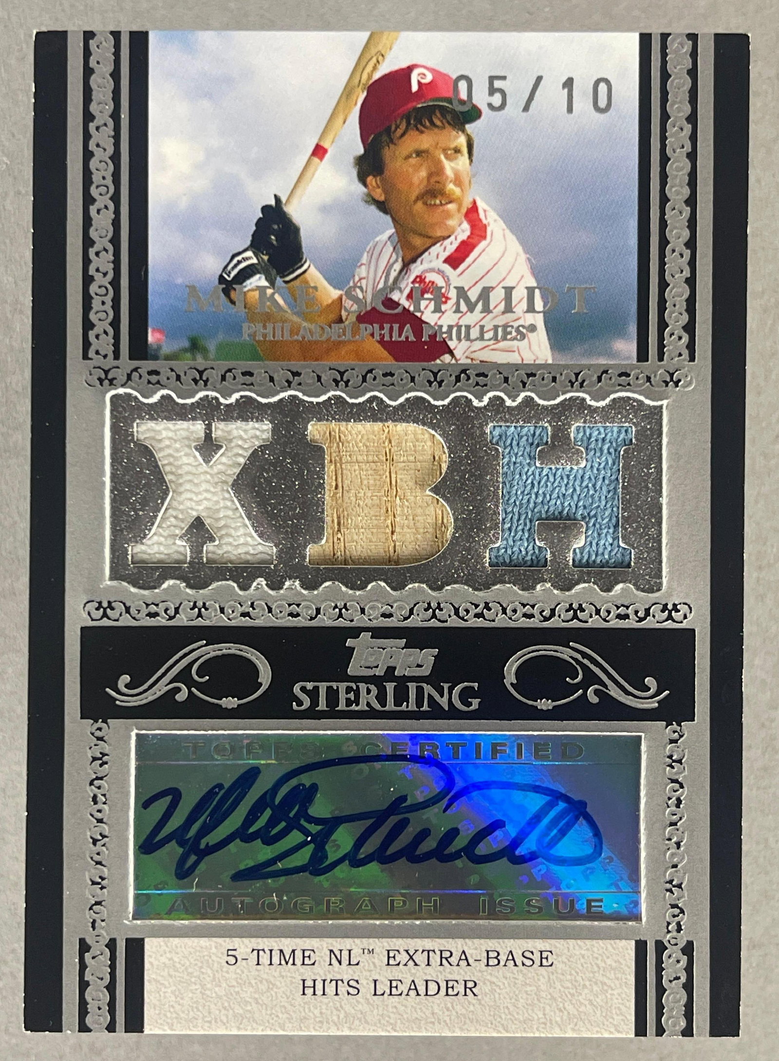 2007 Topps Sterling Triple Jersey Bat Auto Mike Schmidt 5/10: This card celebrating his 5 Time NL extra base hits leader 5/10