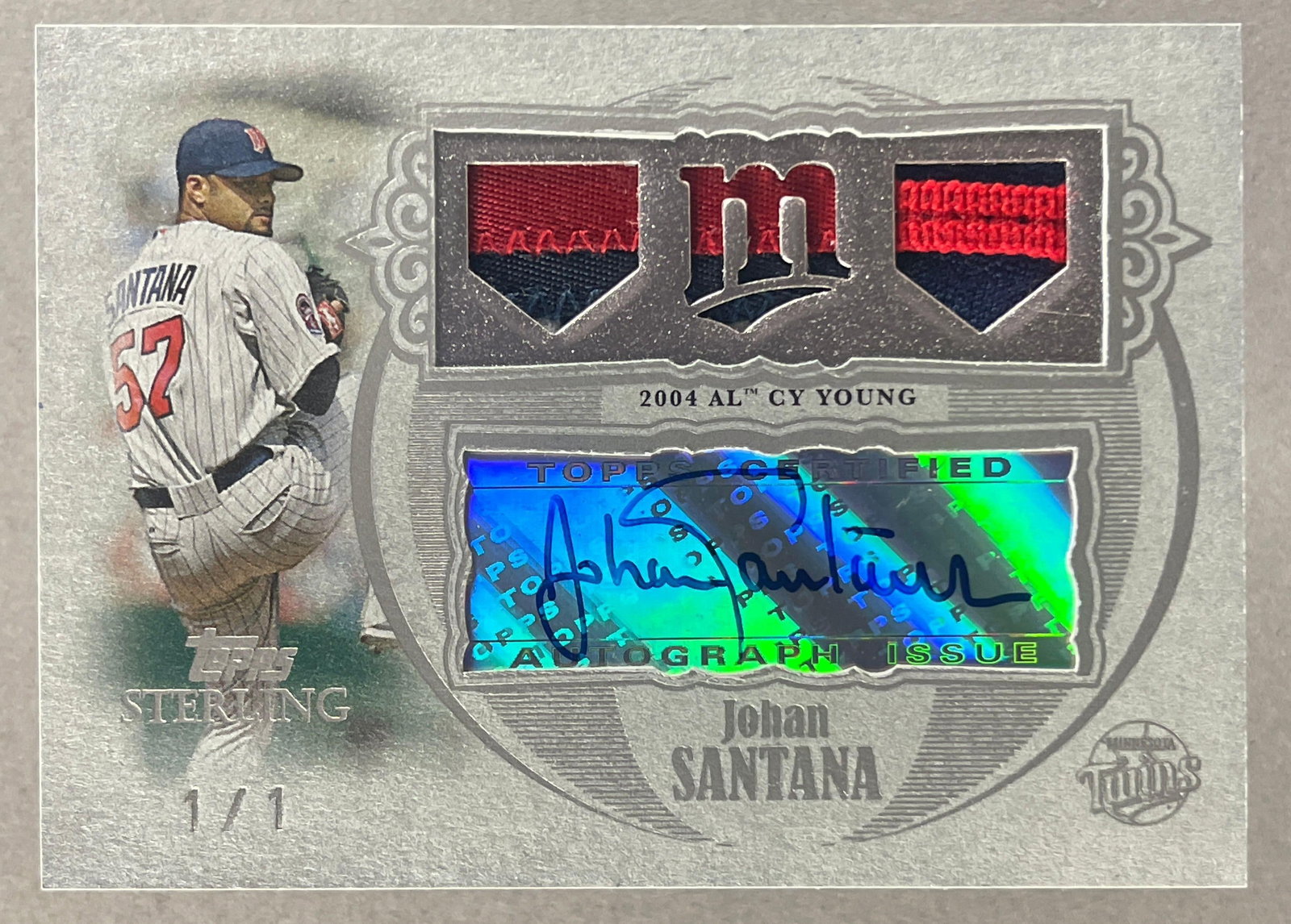 2007 Topps Sterling Slver Triple Patch Auto Johan Santana 1/1: Great triple patch auto 1/1, Celebrating his 2004 AL CY Young Season
