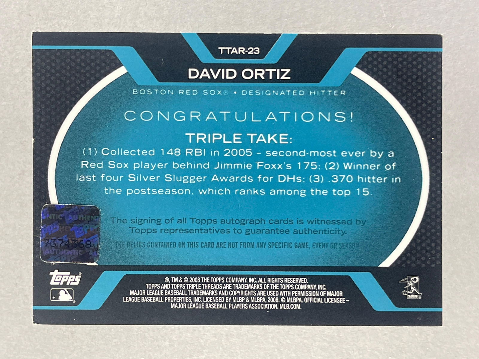 2008 Topps Triple Threads Triple Patch Auto David Ortiz 2/3 - 2