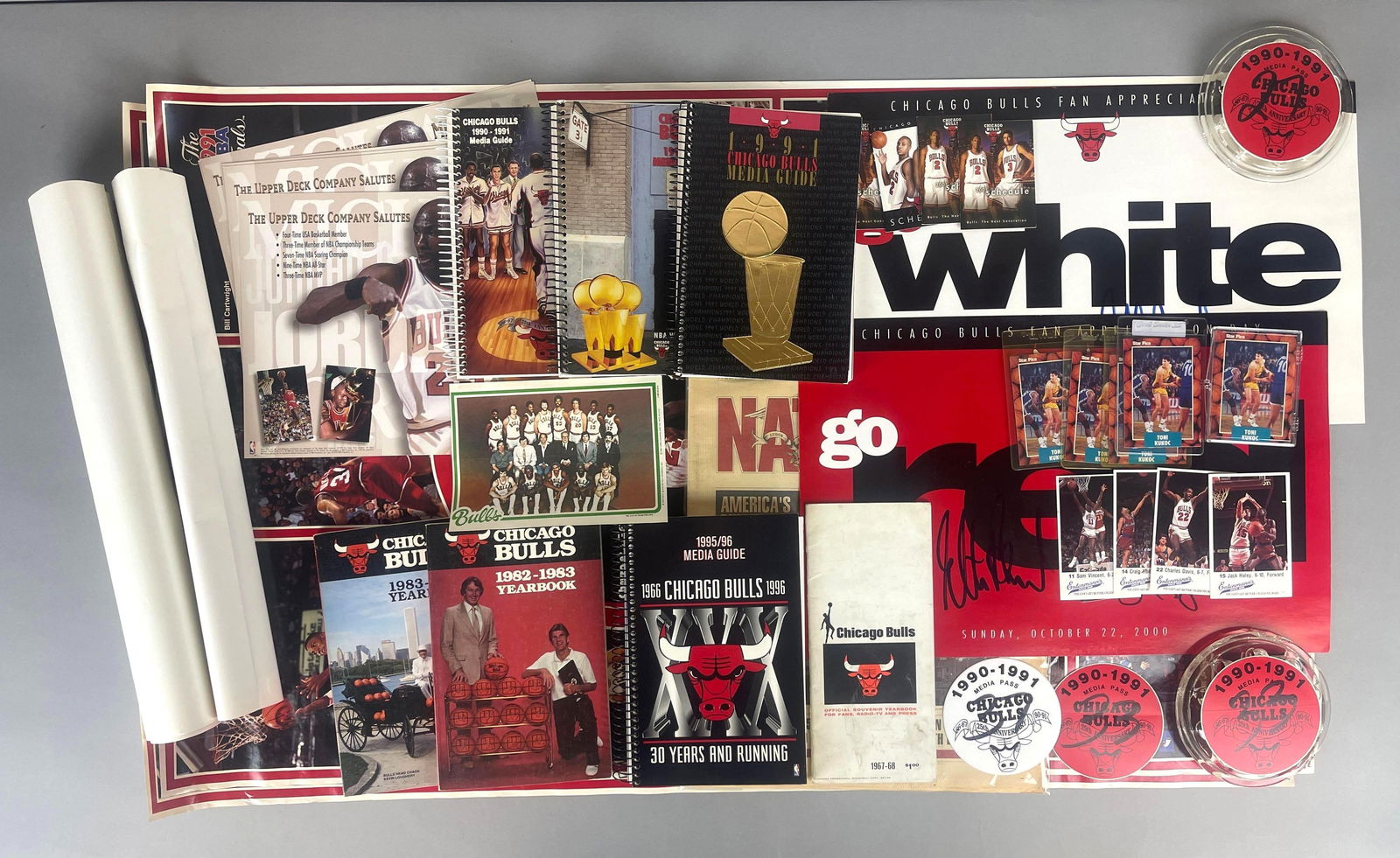 Large Group of Chicago Bulls Collectables and Memorabilia: Schedules, Cards, Media Passes, Posters, Signatures and More