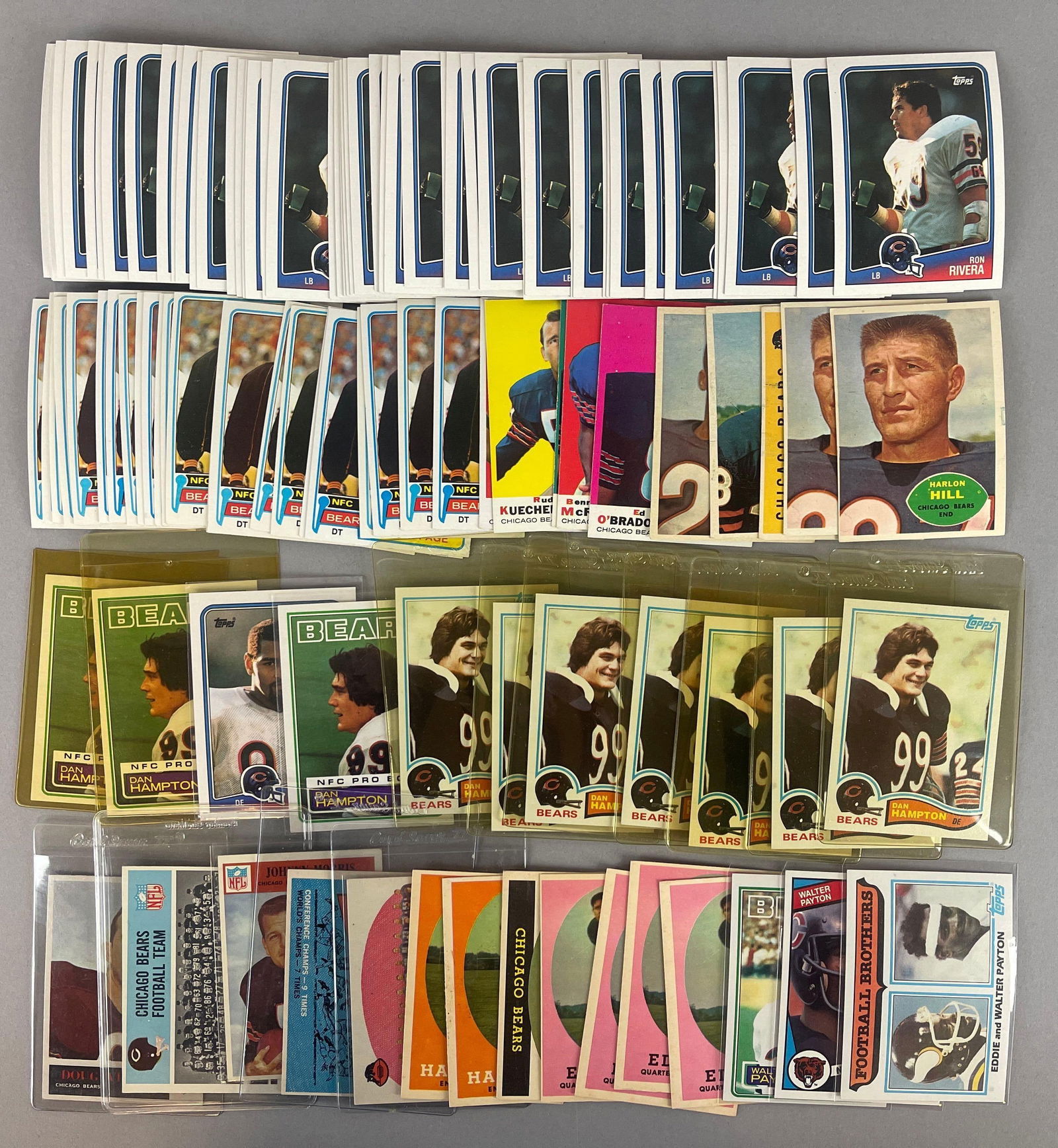 140+ 1958 - 88 Topps and Philadelphia Chicago Bears Cards with HOFs and Rookies: Conditions vary, VGEX - Mint, 35 - 1950s - 60s Walter Payton cards, 49 - 1988 Topps Ron Rivera Rookies, and Much More