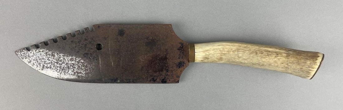 Antique Stag Horn Buffalo Skinner Knife: Serrated back, measures 16" with 9" blade