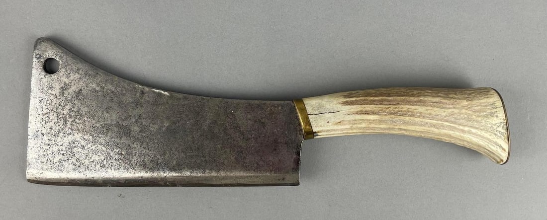 Antique Stag Horn Meat Cleaver Knife: Brass caps, measures 14", 8" x 4 1/4"