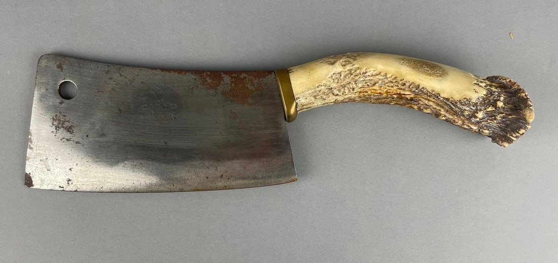 Antique Acme #9 Stag Horn Meat Cleaver Knife: Measures 16", 9" x 4 1/2" blade
