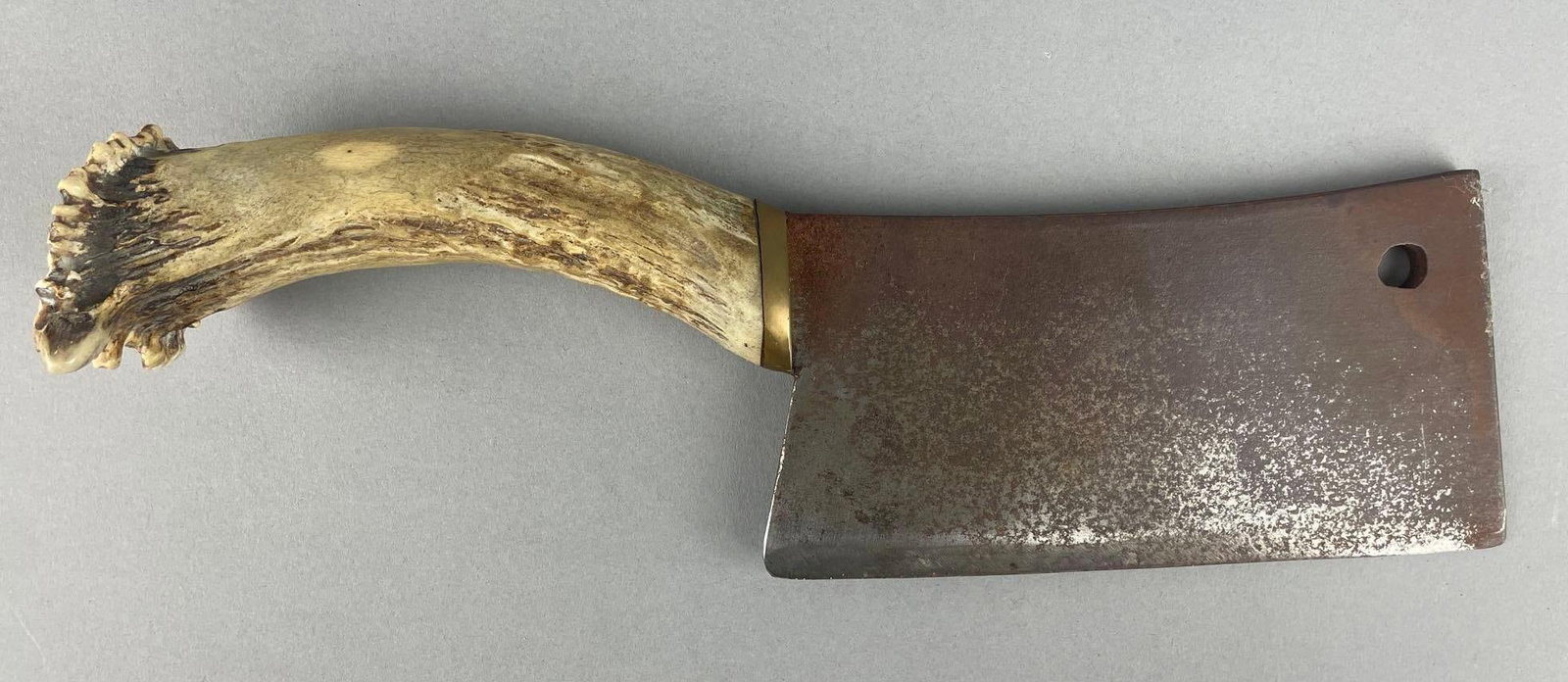 Antique Stag Horn Meat Cleaver Knife: Measures 12 1/2", 6 3/4" x 3 1/2" blade