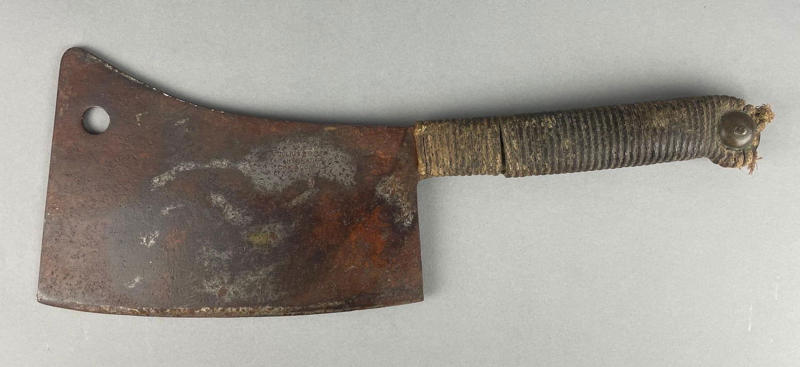 Antique Meat Cleaver Knife: Julius Bender , hydrate, Chicago IL. Measures 17", 9 1/4" x 6 1/4" blade