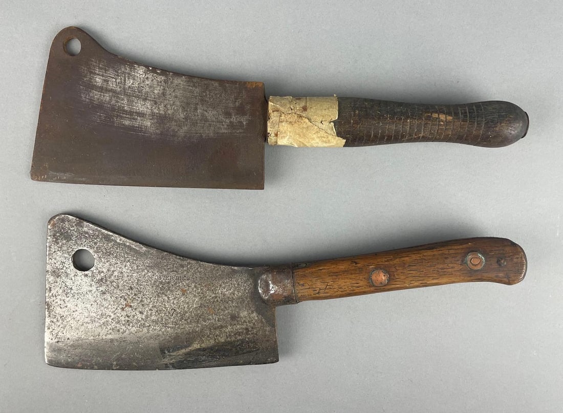 Group of 2 Vintage Meat Cleaver Knives: Foster Bros #7 measures 13 1/2", 7" x 4 1/2" blade