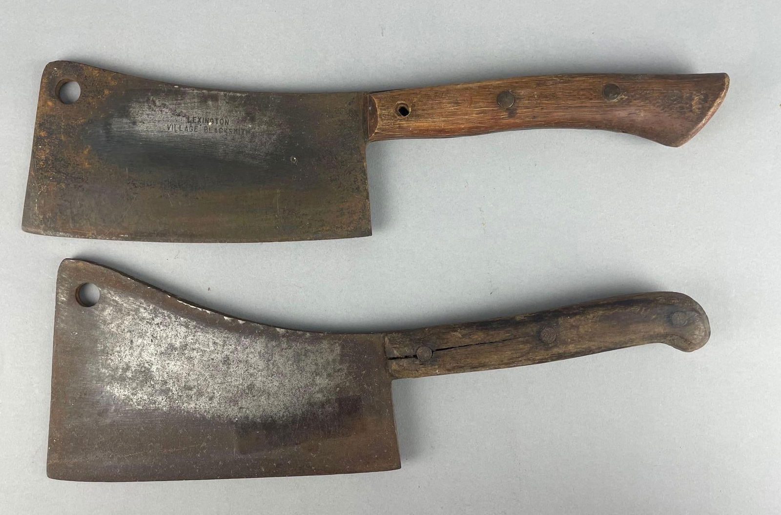 Group of 2 Vintage Meat Cleaver Knives: Lexington village blacksmith measures 17 3/4", 9" x 4 1/2" blade