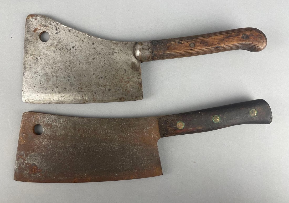 Group of 2 Vintage Meat Cleaver Knives: Includes Samuel Lee #7, foster bros 2190 measures 15 1/4", 8 3/4" x 4 1/4" blade