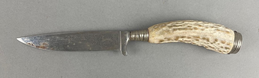 Antique Anton Wingen Jr. German Stag Handle Hunting Knife: Solingen, rosterei, measures 9 1/4", 4 1/4" blade