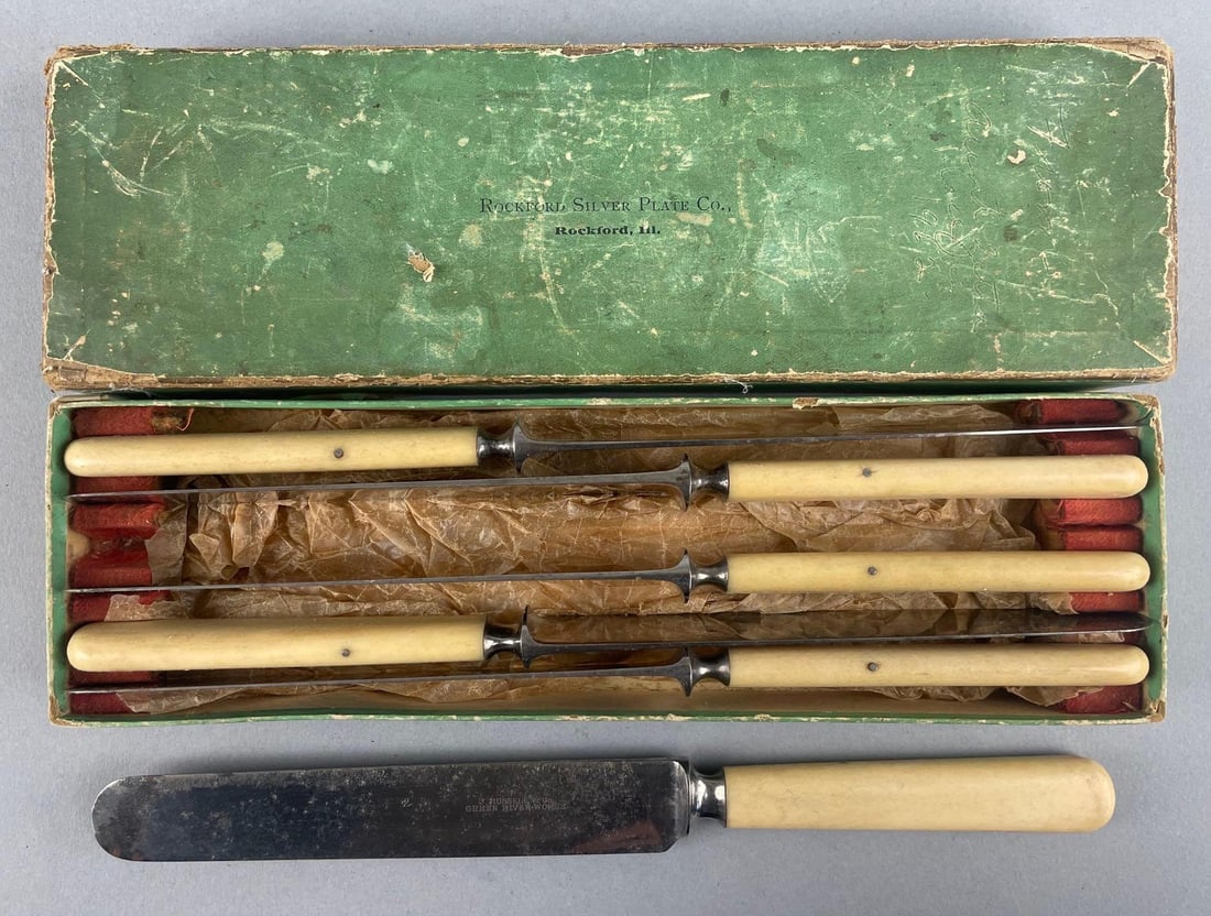 Antique J. Russell and Co. Bone Handle Table Knife Set: Rockford silver plate co. Box