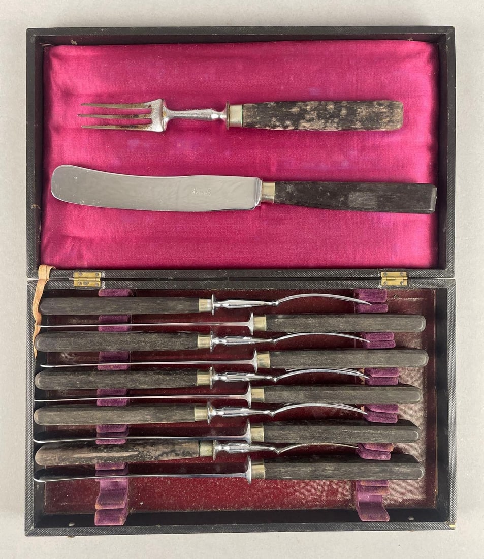 Antique Blueler A. Zurich Carving Set: 6 knives, 6 carving forks, case measures 6 1/4" x 10 1/2" x 1 3/4"