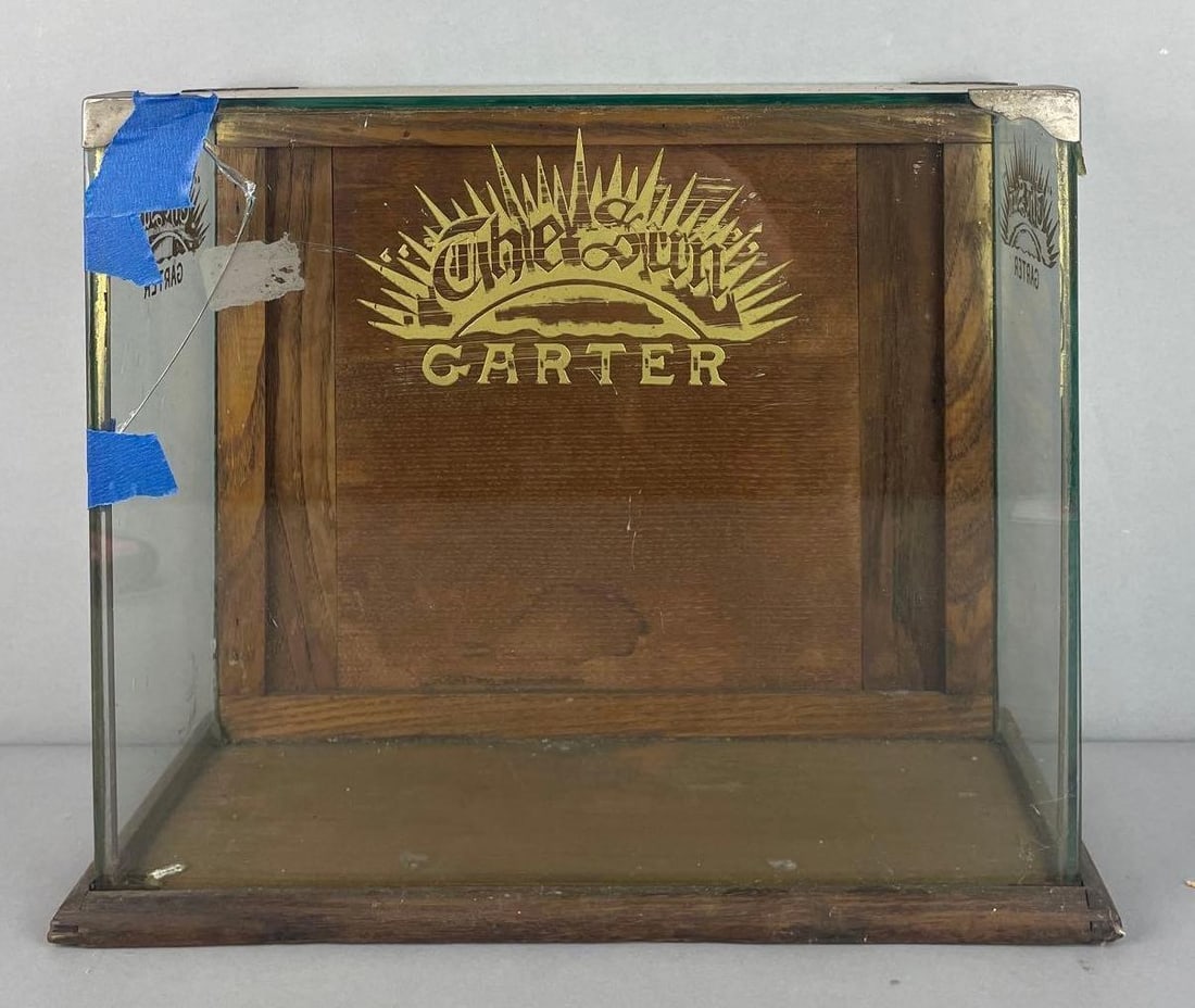 Antique The Sun Garter Countertop Display Cabinet: Broken glass, oak cabinet, measures 12 3/4" x 16" x 7"