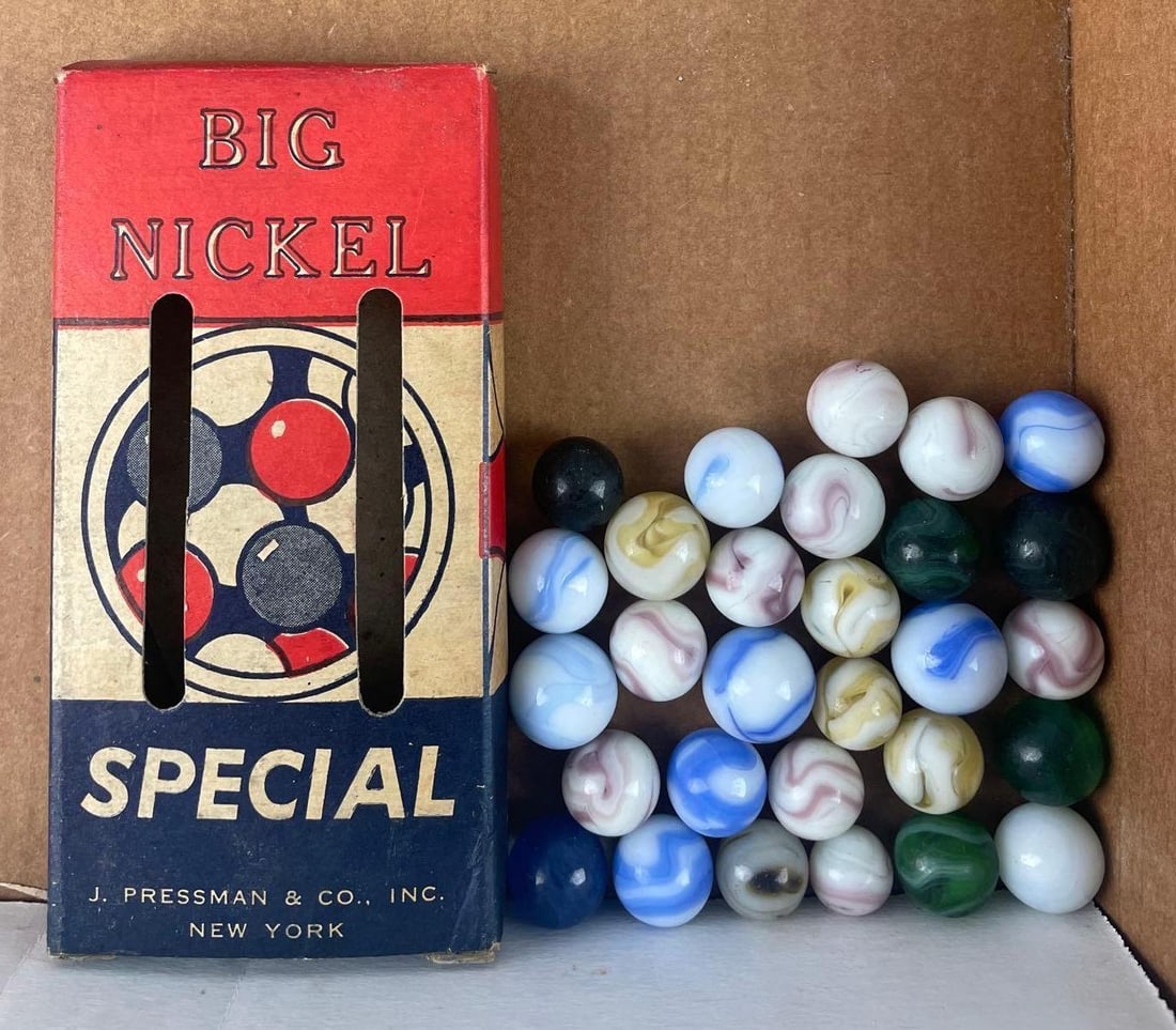 Vintage J. Pressman Big Nickel Special Marbles: Largest measures 5/8"