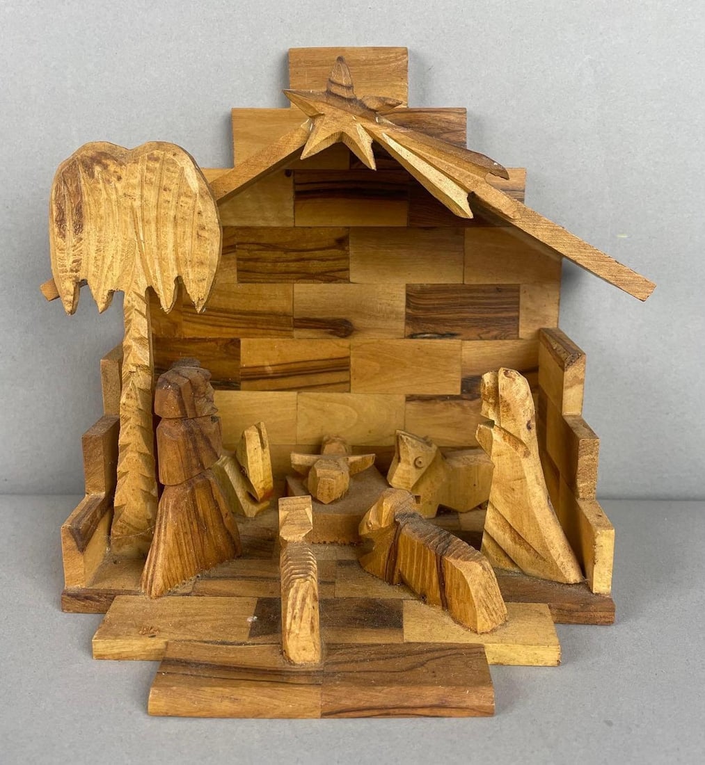 Carved Wood Nativity Scene: Made in Israel, measures 6 1/2" x 7 1/4" x 5"