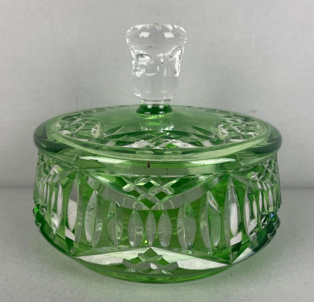 Green Cut to Clear Lidded Candy Dish: Measures 5 1/2" x 6 1/2"