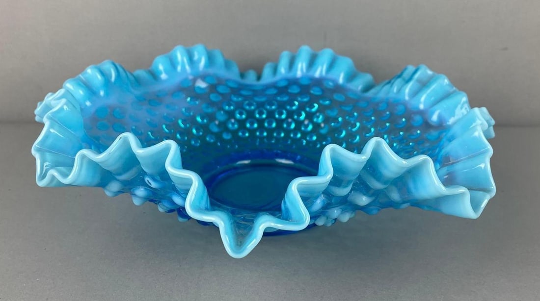 Vintage Fenton Blue Opalescent Hobnail Ruffle Edge Glass Bowl: Measures 3 1/2" x 11"