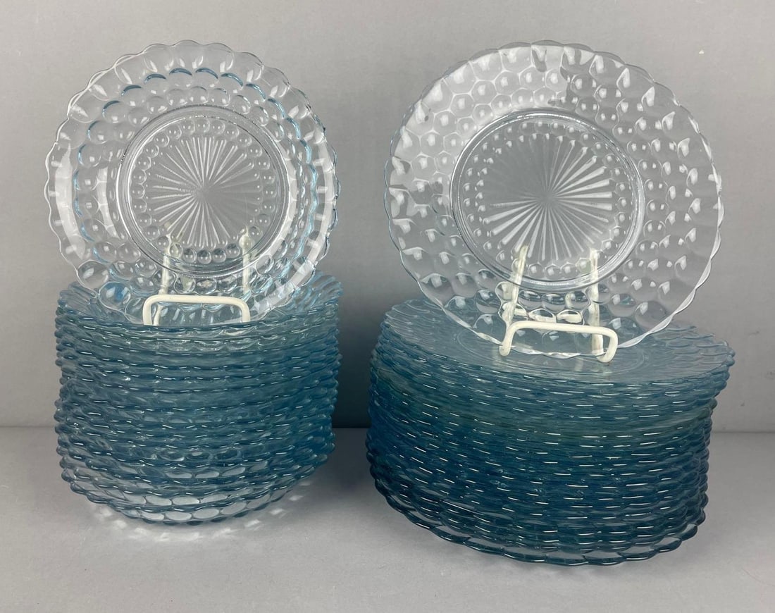 Anchor Hocking Sapphire Blue Bubble Glass Plates: 18 9 1/2" plates, 15 salad bowls