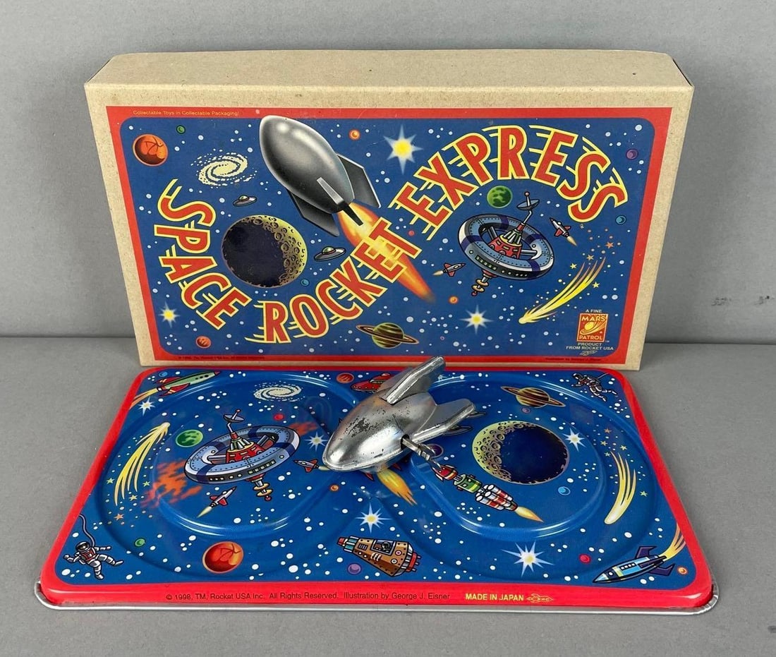 1998 Mars Patrol Space Rocket Express Tin Litho Wind-Up Toy: Working condition, original box measures 6 1/4" x 10 1/4" x 1 3/4"