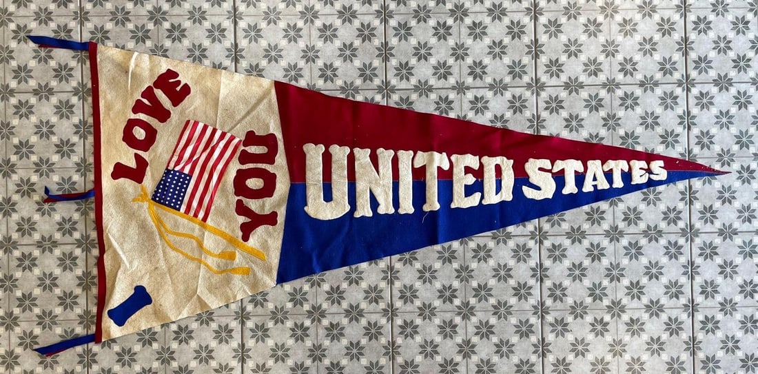 Antique I Love You United States Oversized Patriotic Pennant: Machine stitched, measures 31" x 67 1/2"