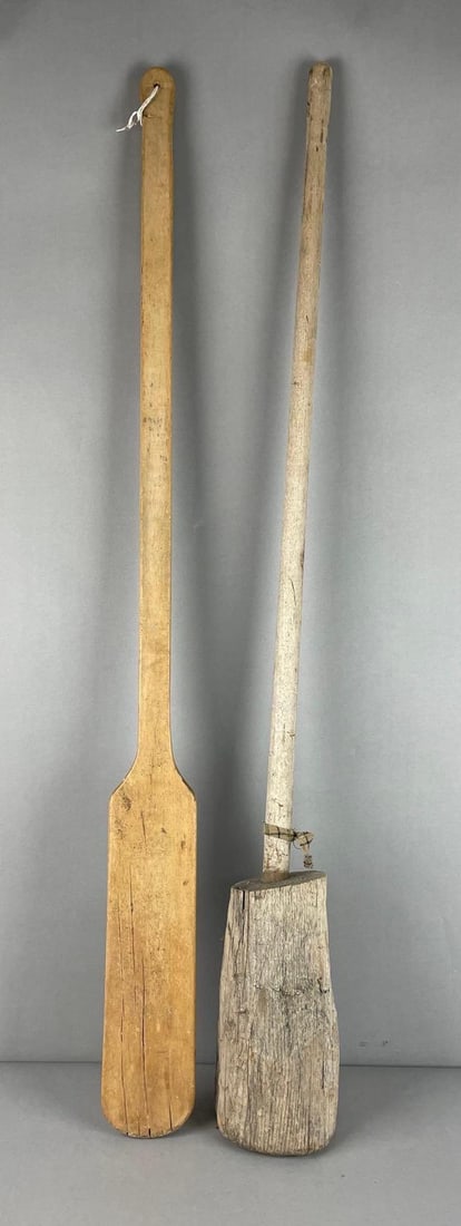 Group of 2 Primitive Wood Tools: 3rd party shipper recommended. Masher measures 41 1/2" x 4 1/2"