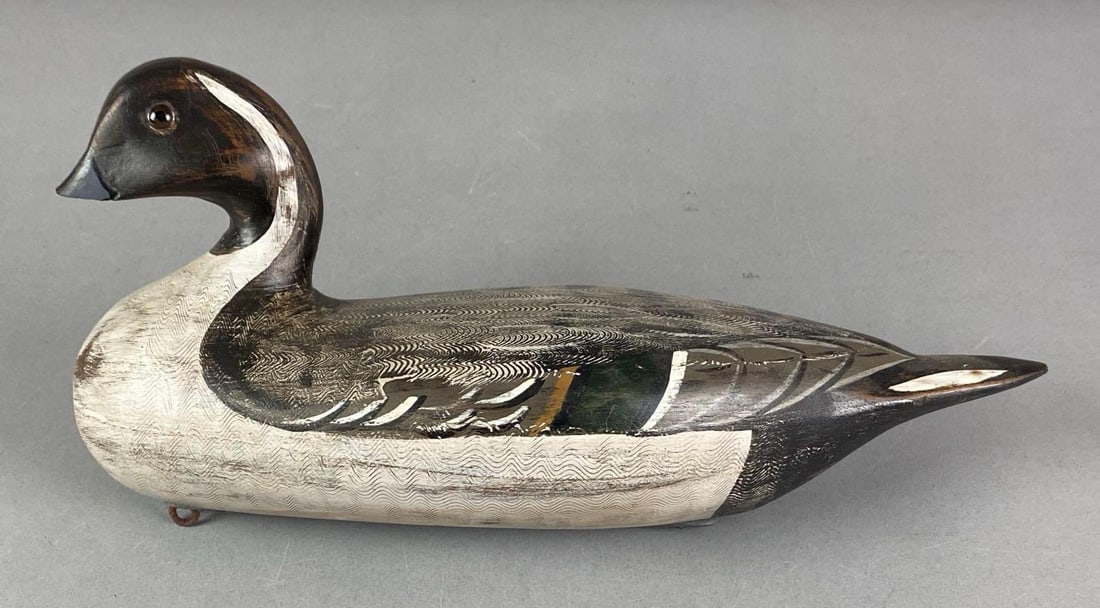 Wood Pintail Duck Decoy with Charles Perdew Henry IL. Weight: Has Charles Perdew Henry IL. Weight but is not a Perdew. Bill broken off, measures 8” H x 5” W x 14” W