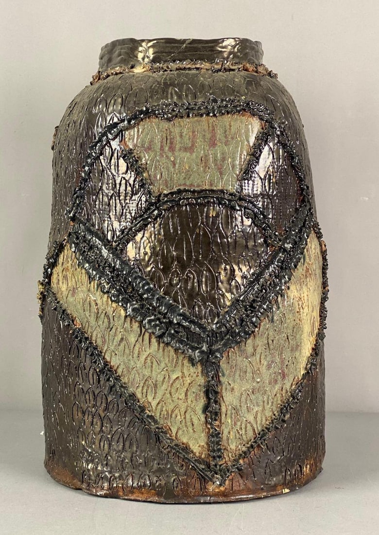 Folk Art Stoneware Pottery Crock: Some cracks shown on rim, Measures 16” H x 11” W x 11” D