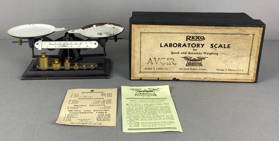 Burke and James Rexo Laboratory Scale: In original box with papers, complete brass weight set, box measures 4” H x 9 1/2” W x 5” D
