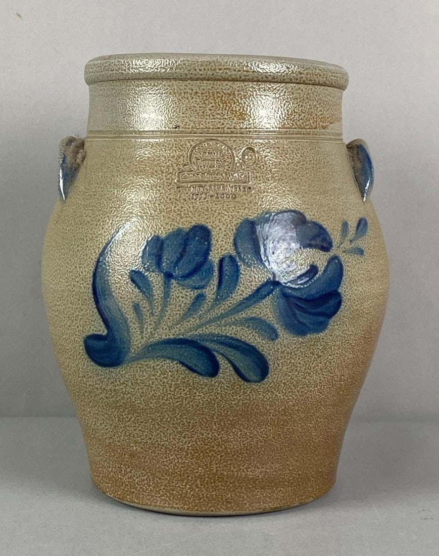 2000 Rowe Pottery Works Cambridge Wisconsin Stoneware Crock: 25th anniversary crock, cobalt flower motif, measures 11” H x 9” W x 9” W