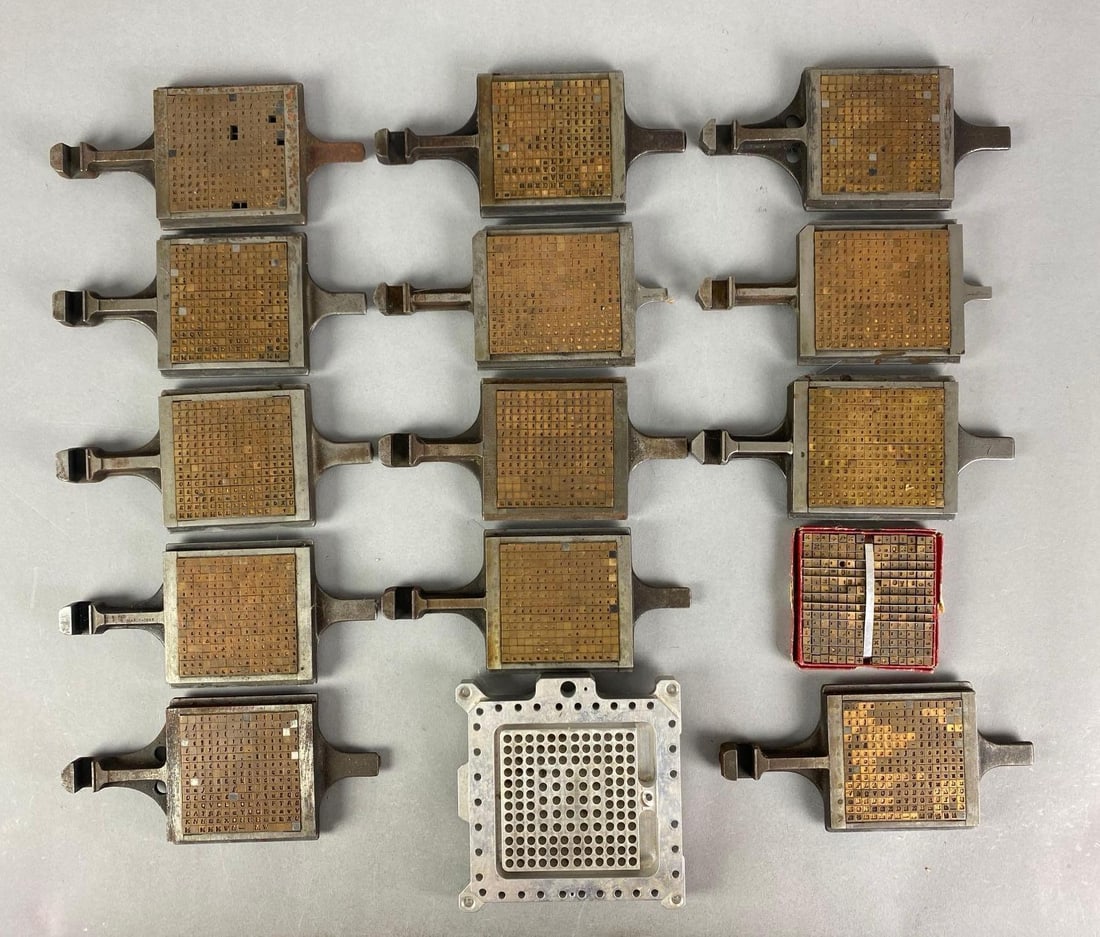 Group of Lanston Monotype Matrix Cases and More: Includes IBM Thermal conduction model, Largest measures 6” H x 6” W x 1” D