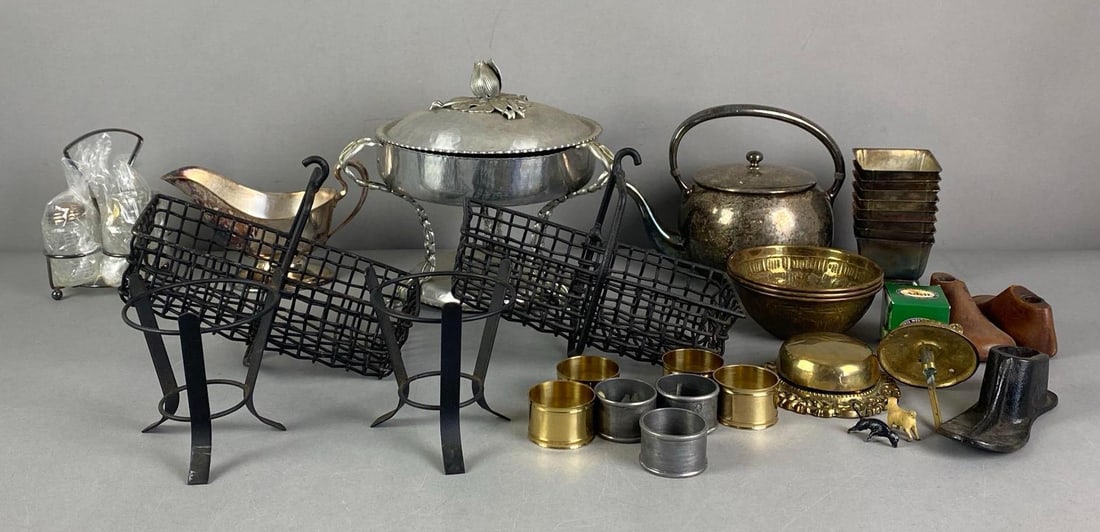 Group of Assorted Items: Includes napkin rings, Silverplate teapot, advil golf ball and more, largest measures 9” H x 9 1/2” W x 9 1/2” D