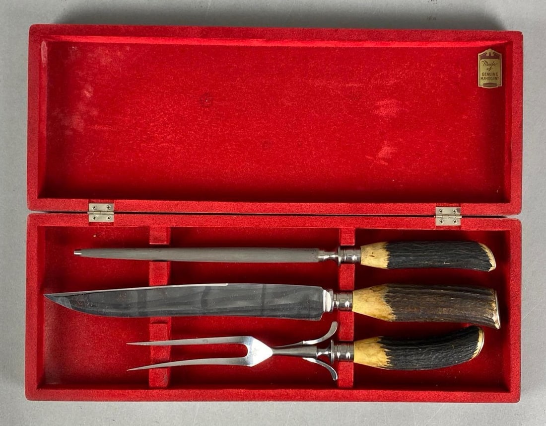 Set of 3 JA Henckels Friodur German Stag Handle Carving Set: Set of 3 JA Henckels Friodur German Stag Handle Carving Set, Case measures 2” H x 15” W x 6” D