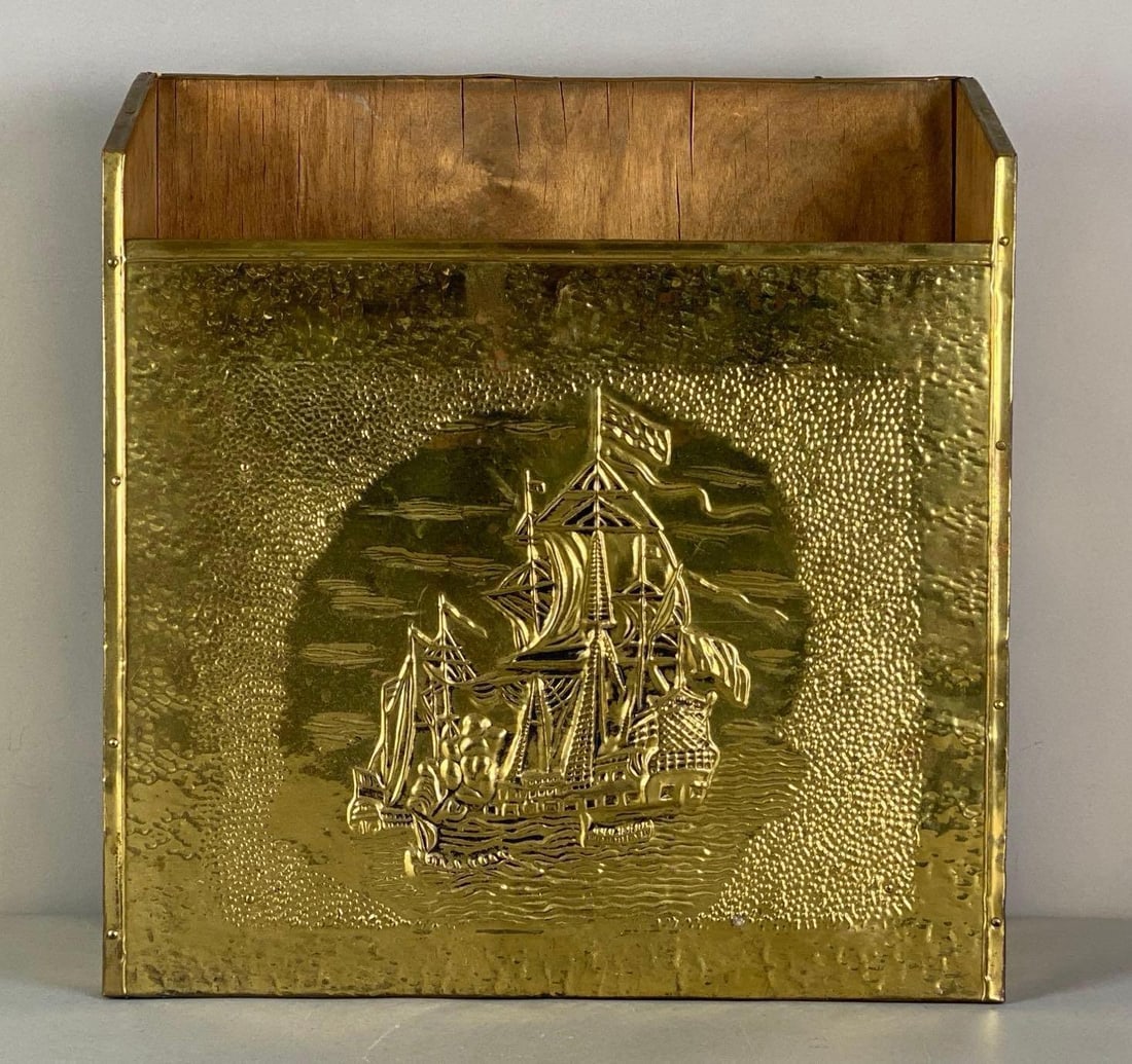 Hammered Iron Sailing Magazine Rack: Brass coloring iron, Measures 16” H x 15 1/2” W x 5 1/4” D