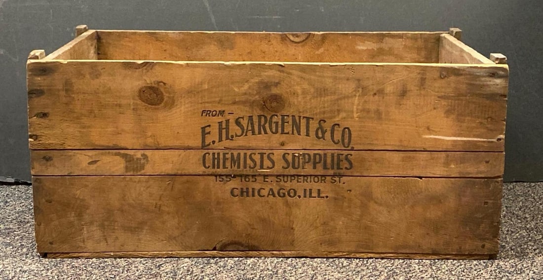 Antique EH Sargent and Co Chemist Supplies Chicago IL Advertising Wood Crate: NO IN HOUSE SHIPPING AVAILABLE, THIRD PARTY SHIPPING RECOMMENDED, measures
