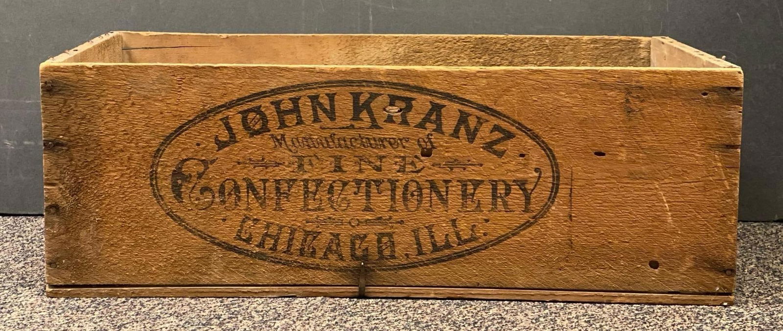 John Kranz Fine Confectionery Chicago ILL Wood Advertising Crate: NO IN HOUSE SHIPPING AVAILABLE, THIRD PARTY SHIPPING RECOMMENDED, measures 19 1/2” H x 29 1/4” W x 14” D