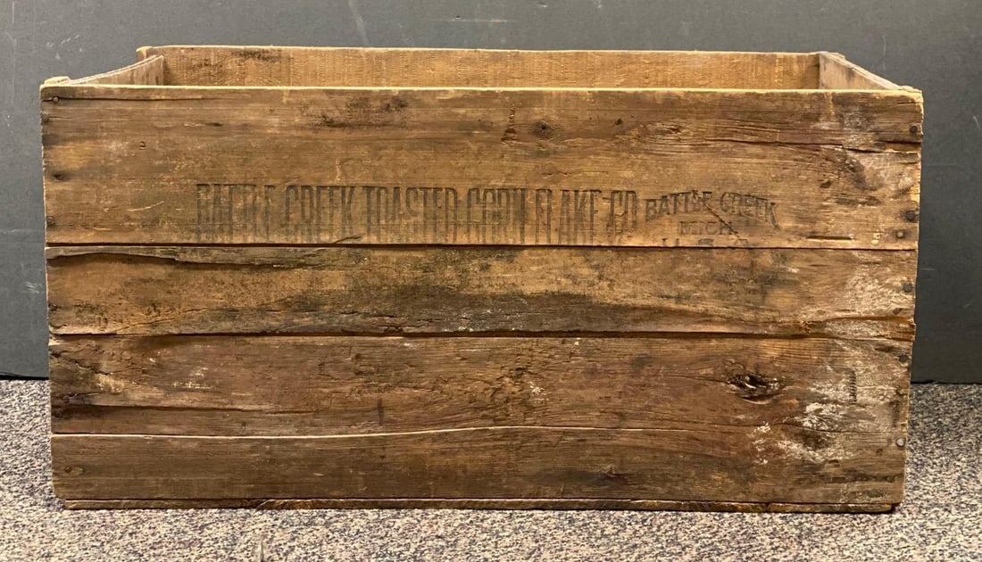 Antique Battle Creek Toasted Corn Flake Michigan Wood Advertising Crate: NO IN HOUSE SHIPPING AVAILABLE, THIRD PARTY SHIPPING RECOMMENDED, measures 14” H x w28” W x 16” D