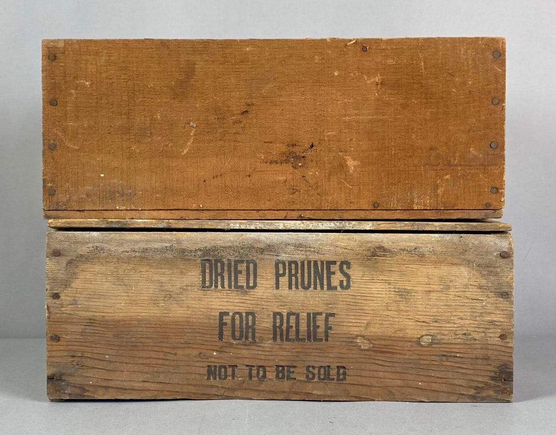 Group of 2 Prunes Wood Crates: Includes dried prunes crate and Sunsweet Prunes Advertising Crate, largest measures 6” H x 15 1/2” W x 9 3/4” D