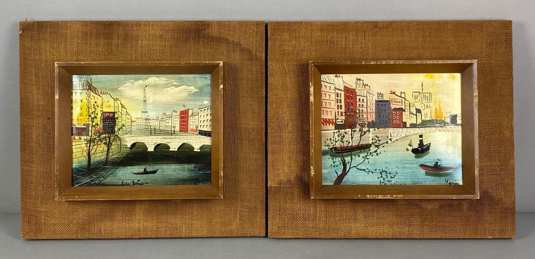 Group of 2 Verier Signed French Waterway Oil Paintings: Artist signature in bottom right corner on both, each frame measures 15” H x 17” W x 3” D