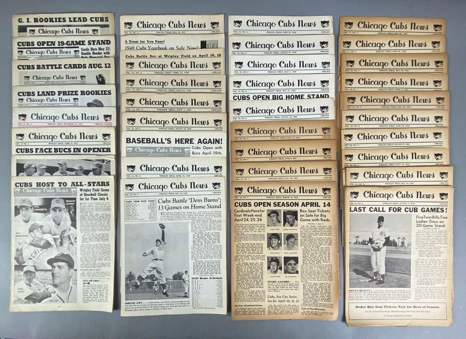 Group of 1940s-1950s Chicago Cubs News Newsletters: Each measures 11” H x 8 1/2” W