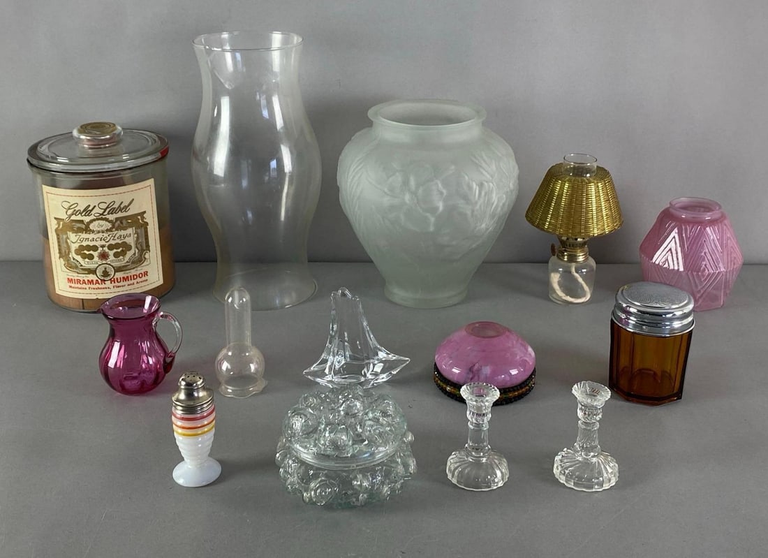 Group of Assorted Glass Items: Includes Miramar Humidor, Lamp Shades, oil lamp and more, largest measures 11 1/2” H x 5” W
