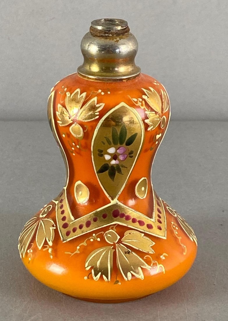 Antique Hand Painted Cased Orange Bohemian Glass Perfume Bottle: Missing atomizer, Measures 4” H x 2 3/4” W