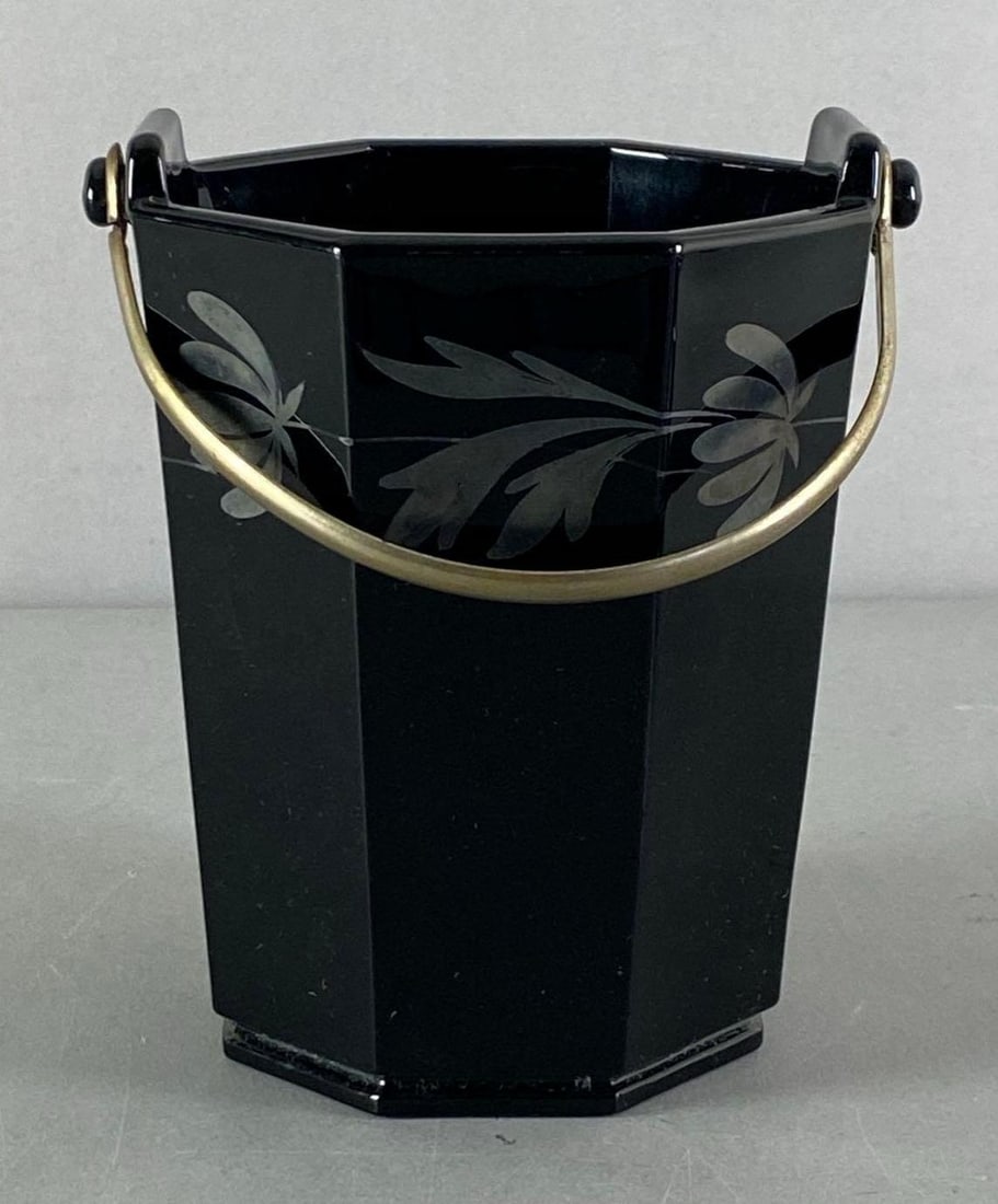 Onyx Glass Bucket with Applied Silver Floral Motif: Measures 6 1/2” H x 5 3/4” W x 5” D