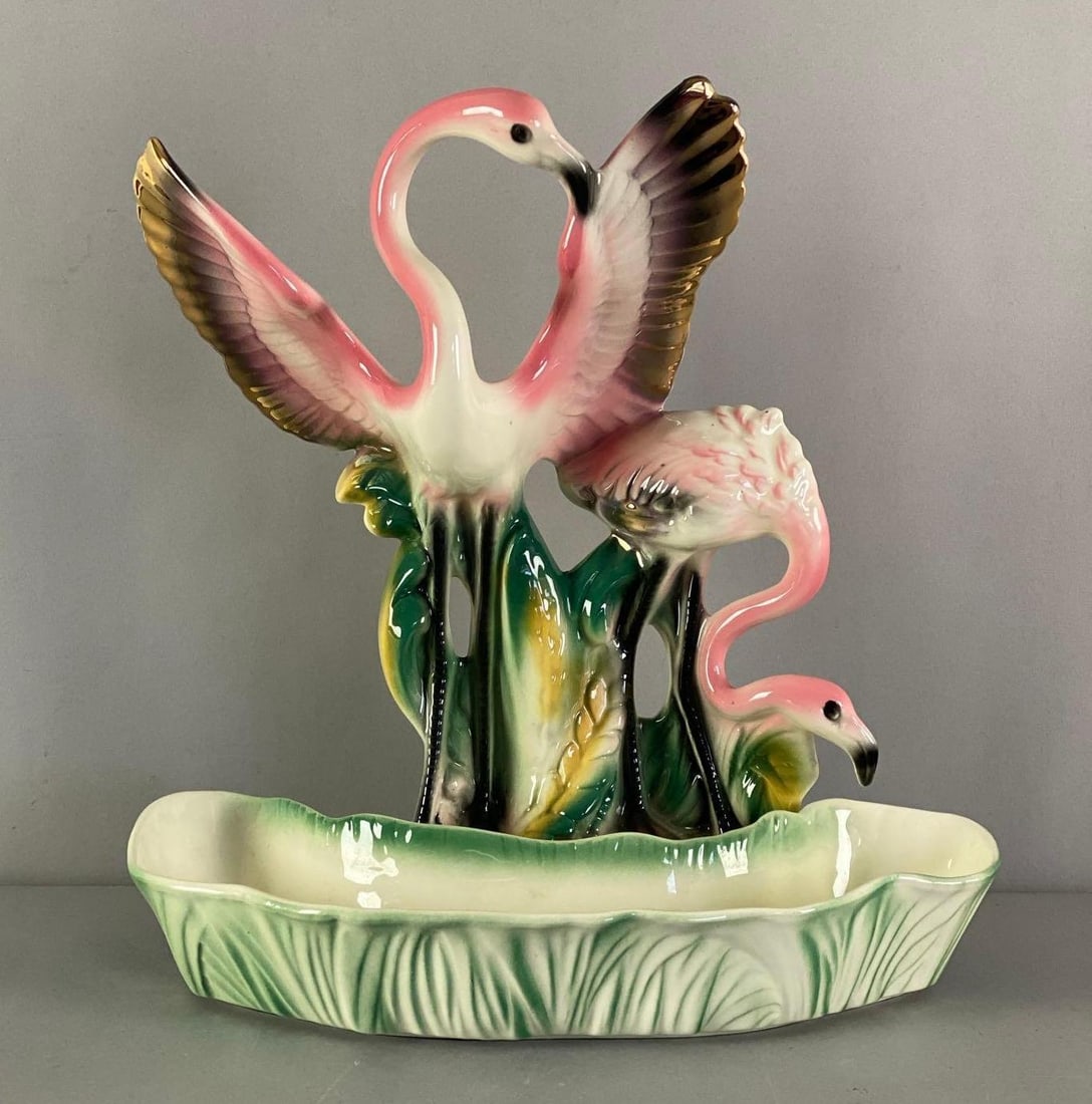 1950s Lane and Co Porcelain Flamingo Planter: Marked on base and rear, measures 14” H x 13” W x 7” D